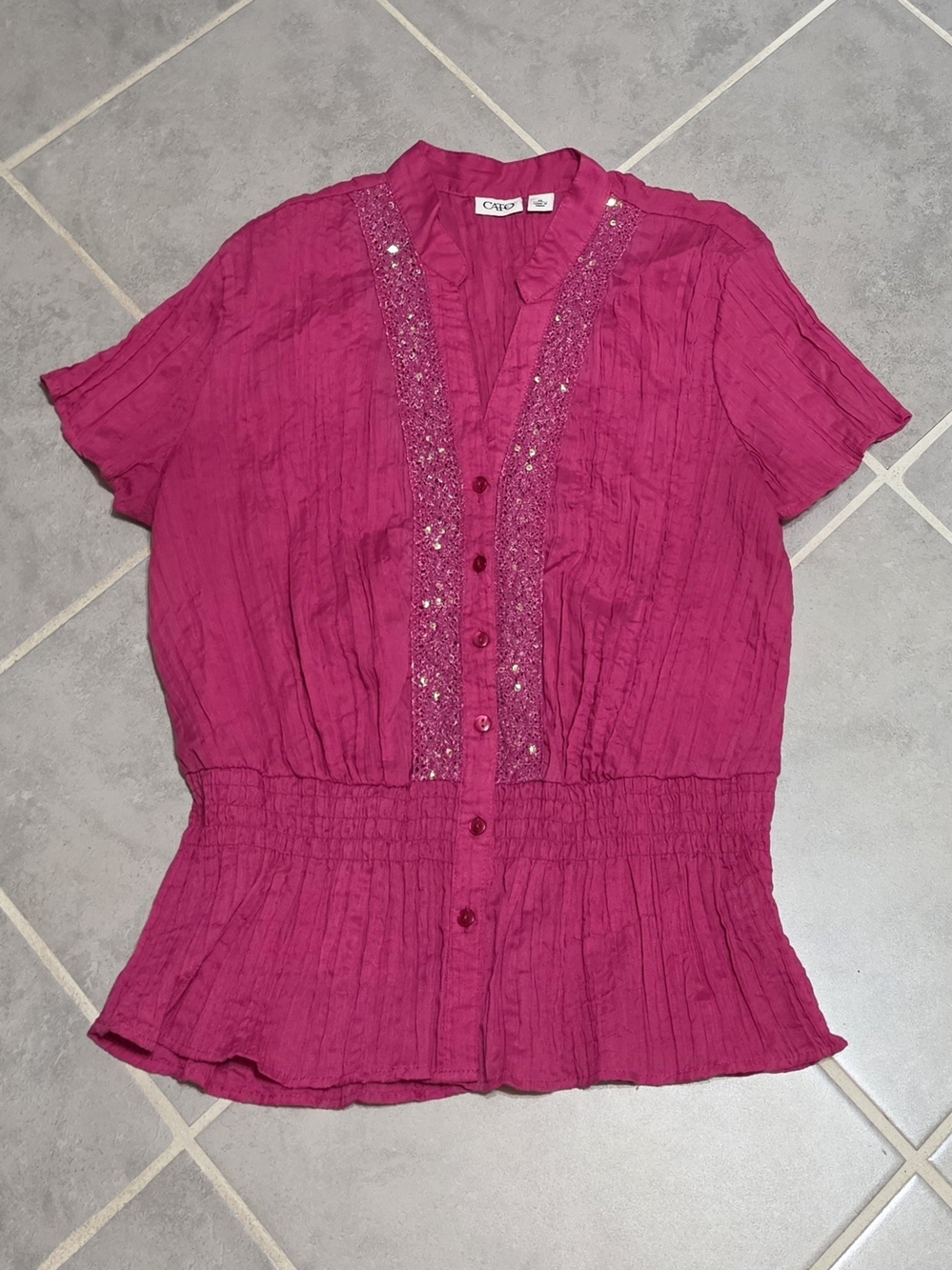 Cato Womens XL Hot Pink Crinkle Top Sequin Trim Button Front Smocked Waist Blous